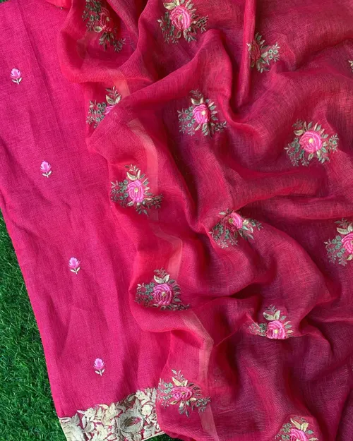 Pure Linen by Linen Floral Embroidery Work Unstitched Top Material with Matching Dupatta – Elegant Summer Wear for Women